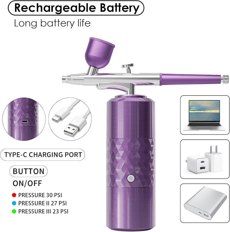 crpen Airbrush Kit Rechargeable Cordless Airbrush Compressor Portable Handheld Airbrush Air Brush for Model Painting,Nail Art,Cake decoration,Makeup, Barber (Purple) - Image 3